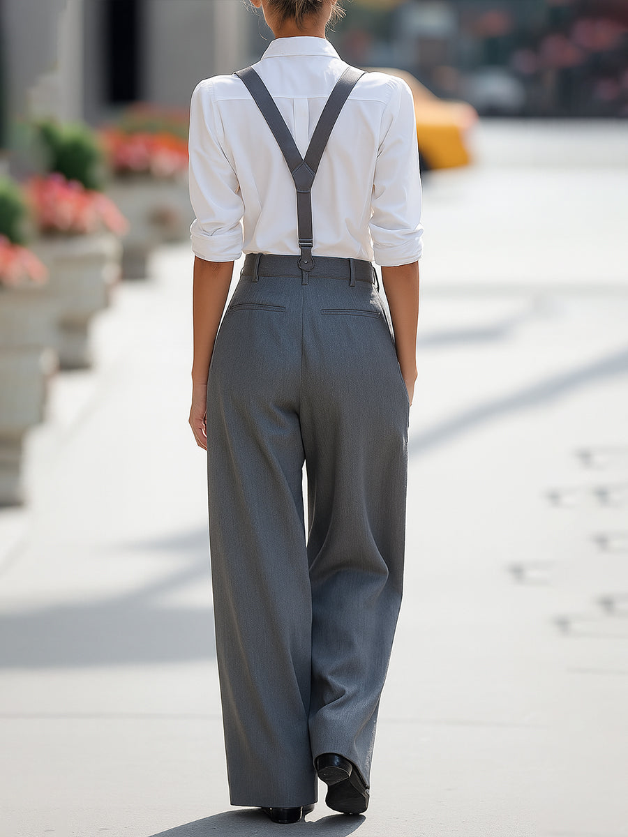 Gray cross-strap wide-legged pants, high-waisted business suit pants