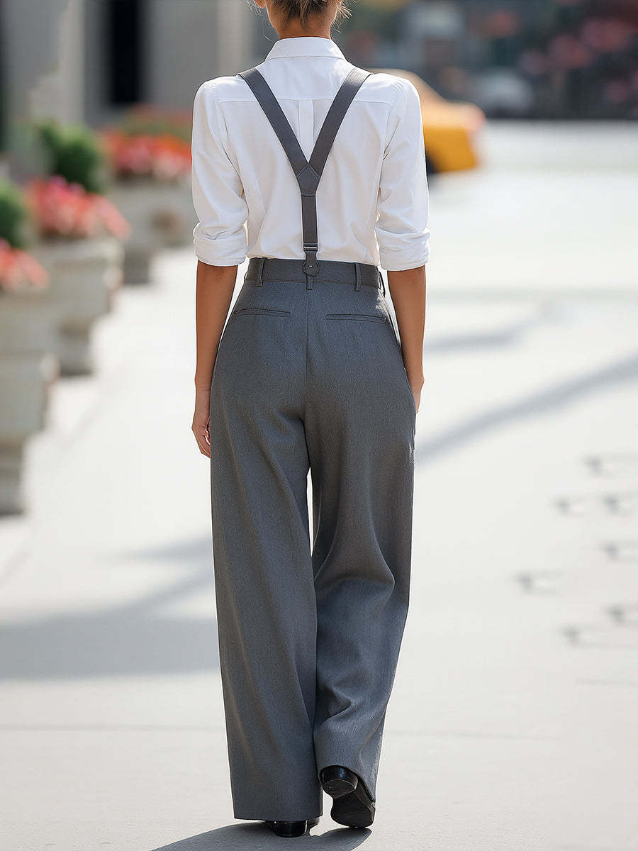 Gray cross-strap wide-legged pants, high-waisted business suit pants