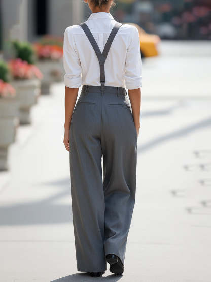 Gray cross-strap wide-legged pants, high-waisted business suit pants