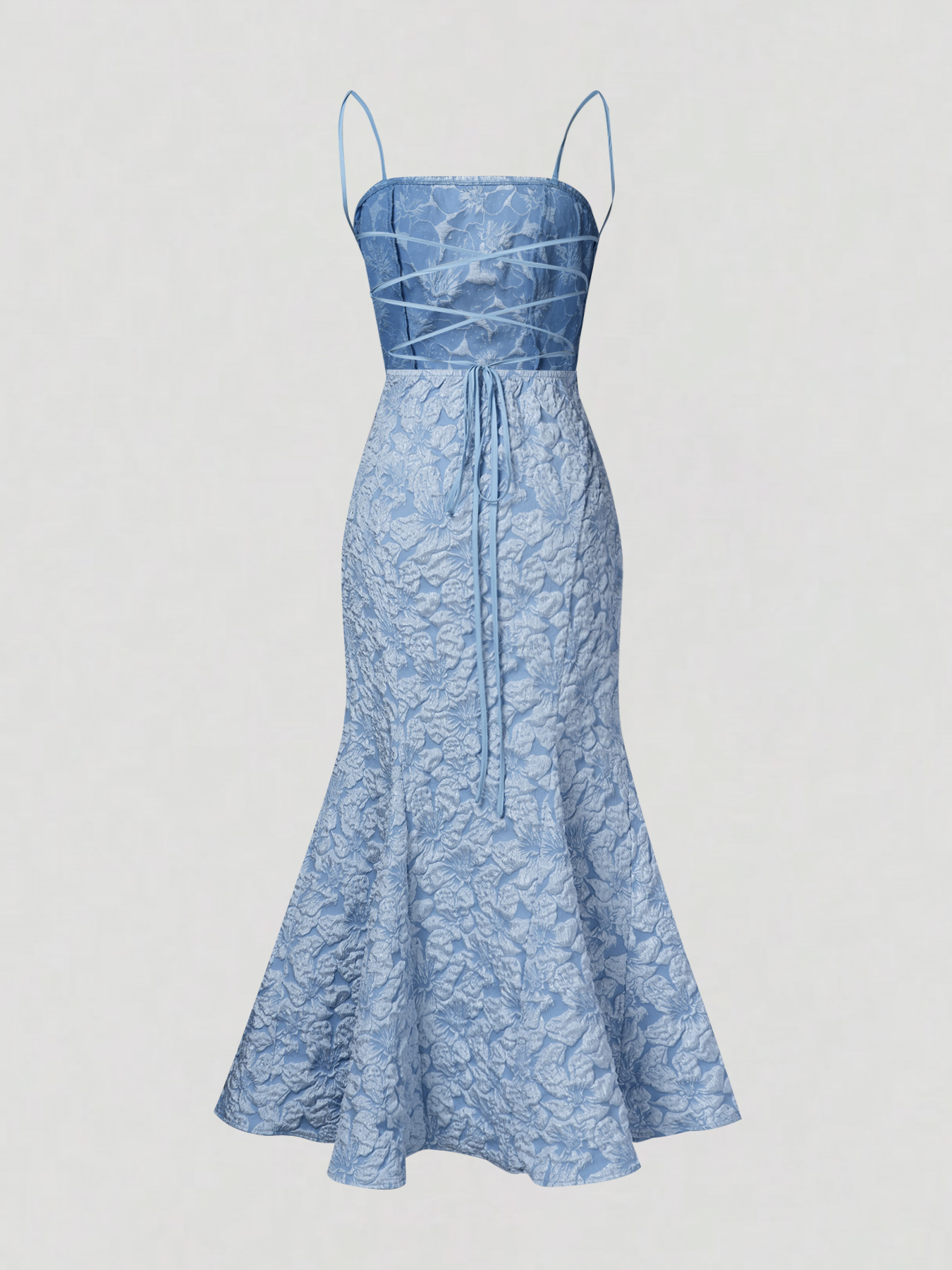 Women's Spaghetti Strap Floral Jacquard Mermaid Maxi Dress - Square Neck Bodycon Evening Gown