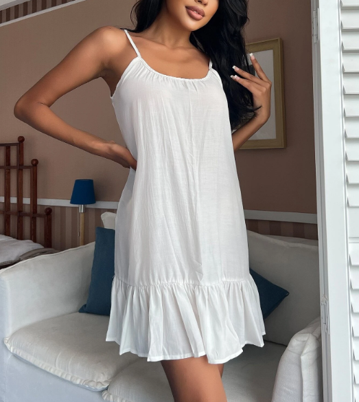Women's White Spaghetti Strap Ruffle Hem Nightdress-Aegean-sea