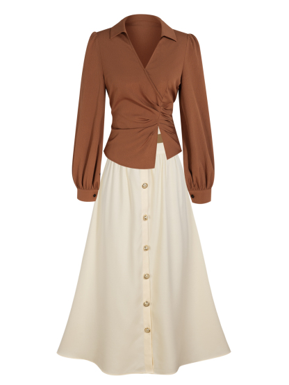Caramel-colored twisted body shirt, beige-white high-waisted half-skirt button-down suit