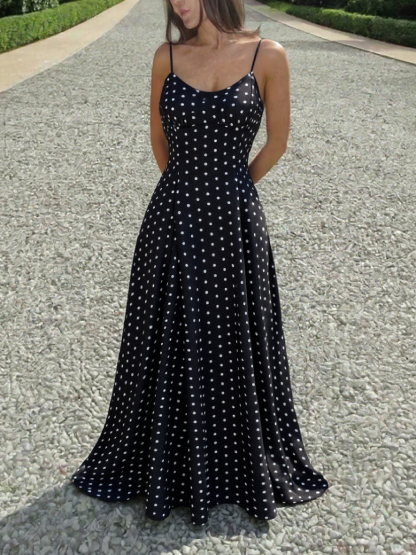Women's Black White Polka Dot Spaghetti Strap Fit & Flare Midi Dress-Aegean-sea
