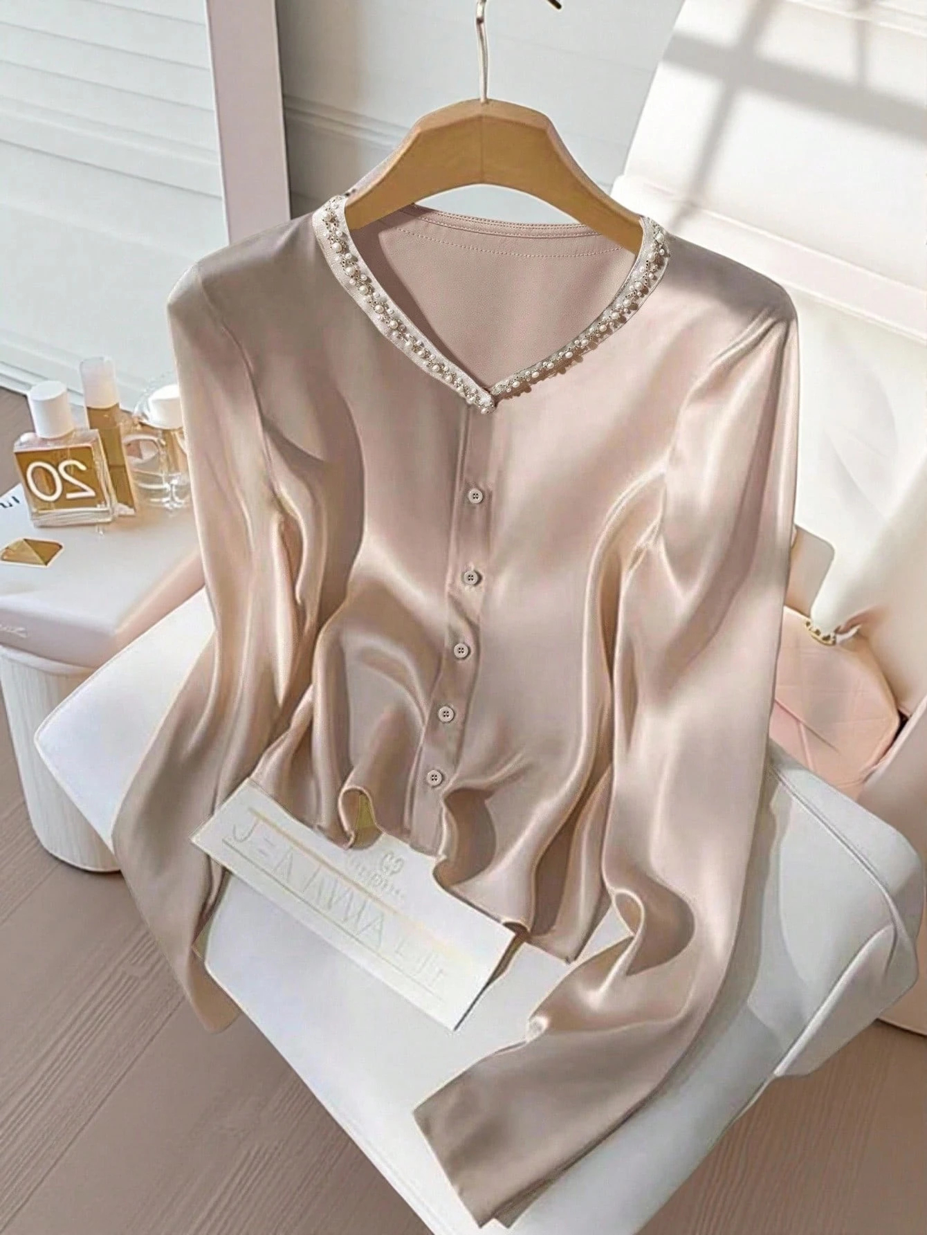 Beige Satin V-Neck Blouse with Pearl Trim-Aegean-sea