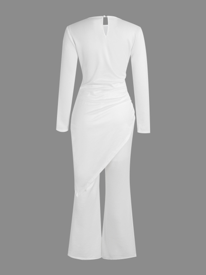 Women's White Long Sleeve Asymmetric Top and Wide-Leg Pants Set-Aegean-sea