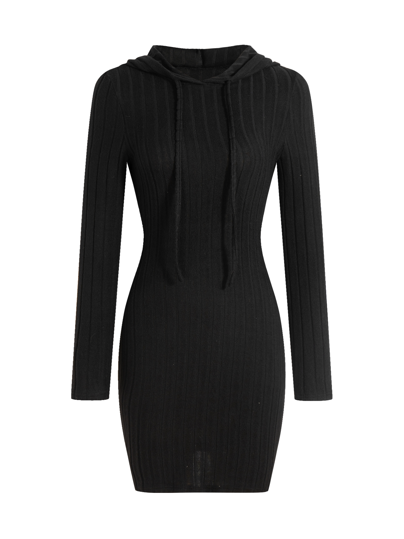 Minivestido con capucha de punto ribeteado negro con cordón ajustado para mujer-Aegean-sea