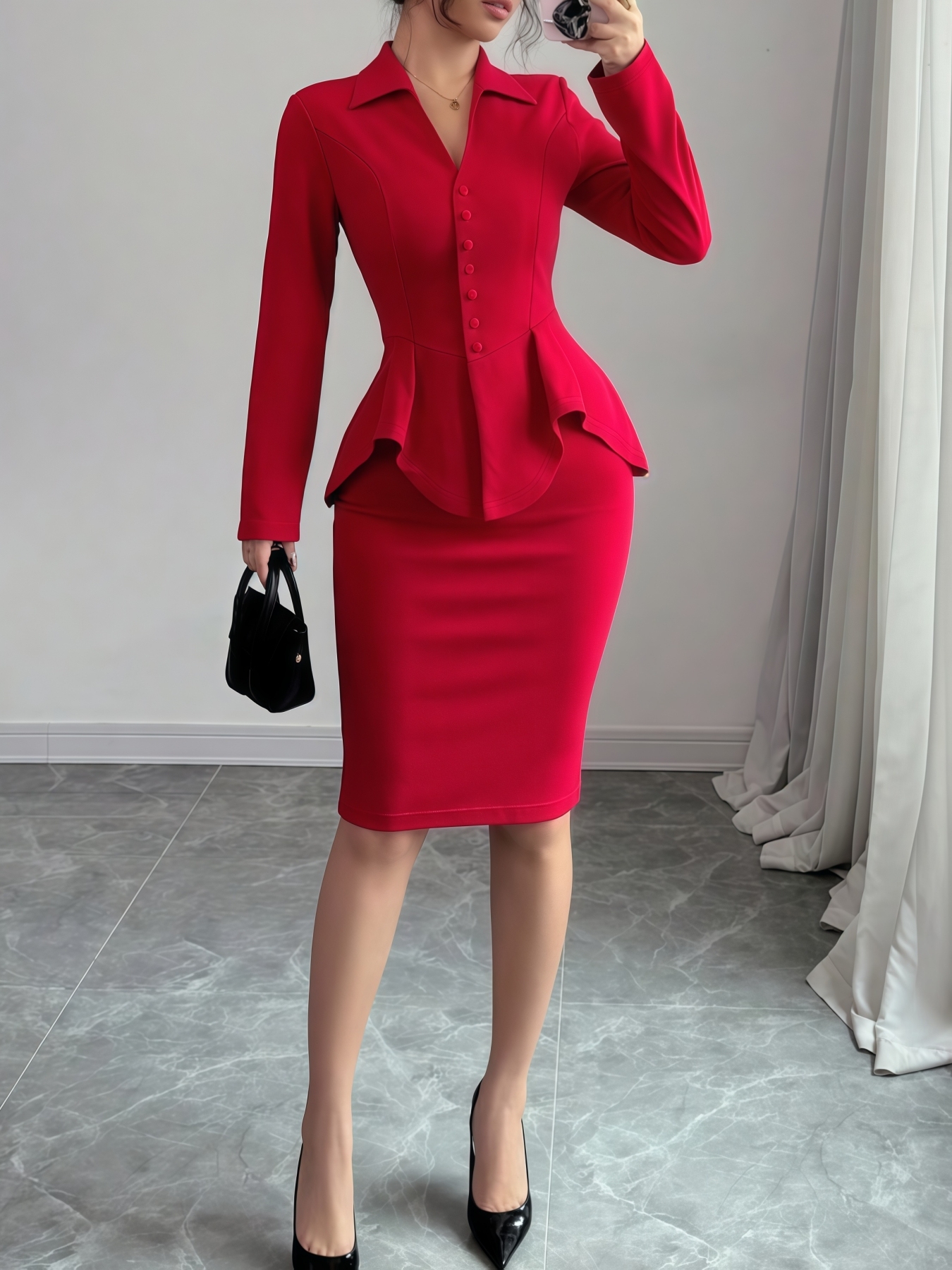 Red Peplum Blazer and Bodycon Medium Skirt Set for Women-Aegean-sea