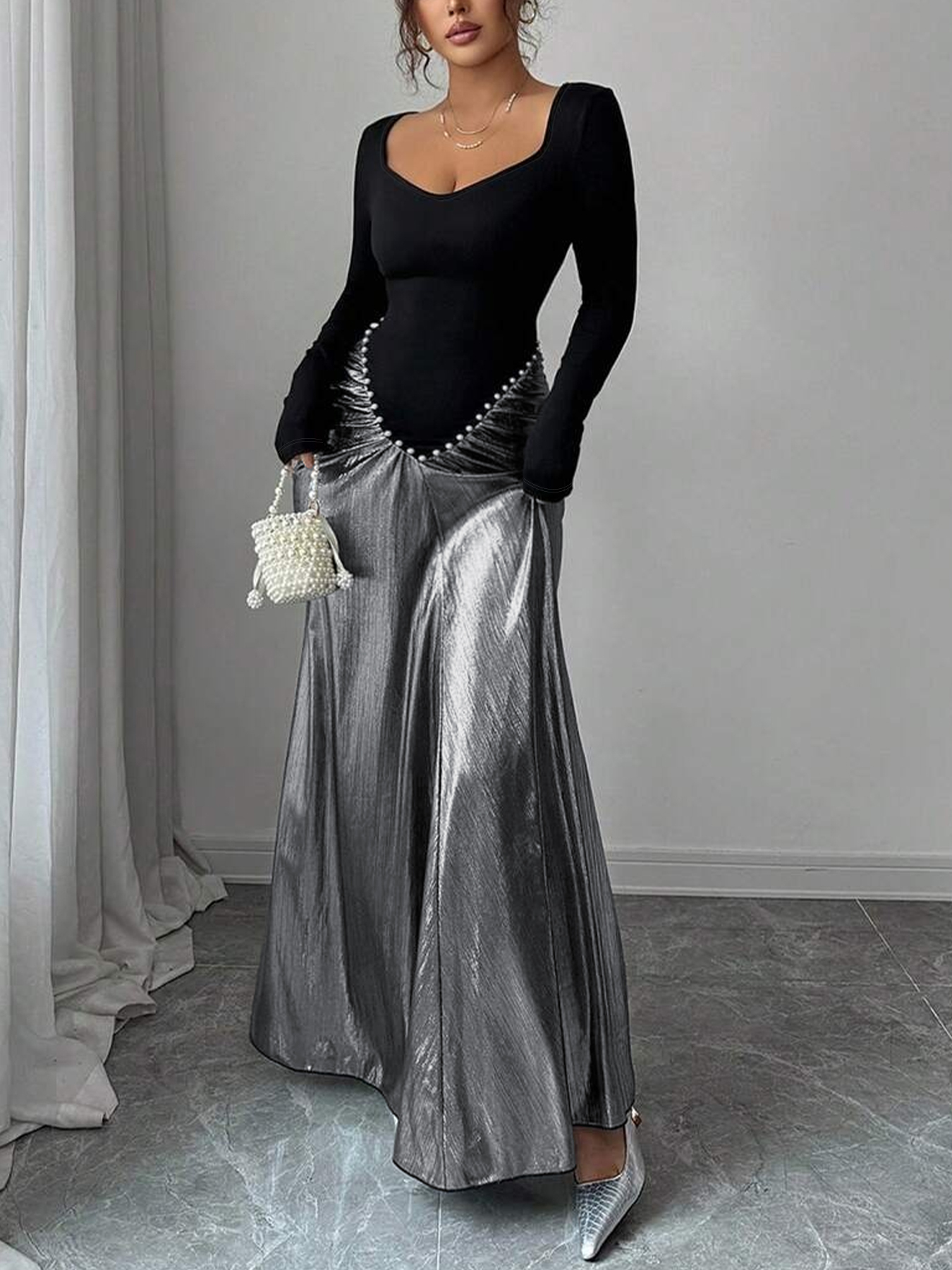 Black-and-silver pearl-stitched dress. Long skirt with square neck and long sleeves, tight and shiny. Sexy dress for dinner parties.-Aegean-sea