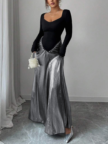 Black-and-silver pearl-stitched dress. Long skirt with square neck and long sleeves, tight and shiny. Sexy dress for dinner parties.-Aegean-sea