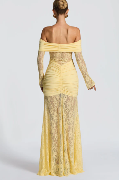Woman's Light Yellow Off-Shoulder Lace Mermaid Dress
