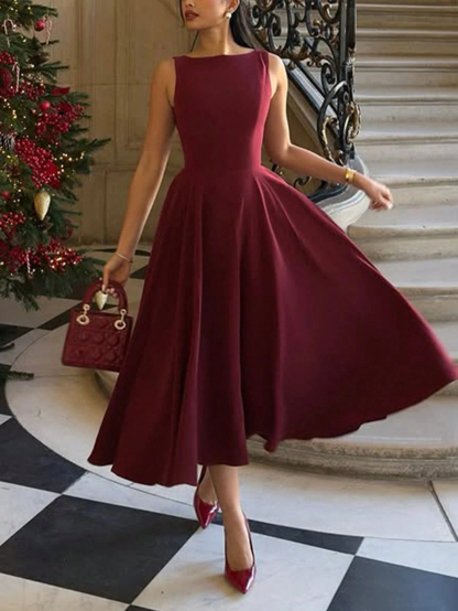Wine-red boat-collared sleeveless mid-length skirt with flowing waist, a high-end banquet-style dress