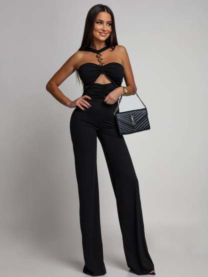 Black halter metal chain jumpsuit, hollow-out wide-leg pants