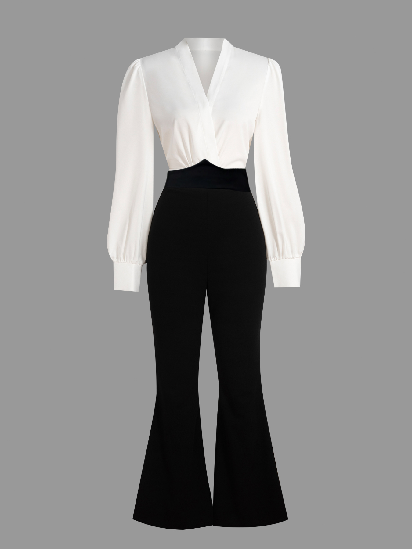 Woman's White Wrap Blouse & Black High-Waisted Flare Pants Two-Piece Set-Aegean-sea