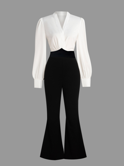 Woman's White Wrap Blouse & Black High-Waisted Flare Pants Two-Piece Set-Aegean-sea