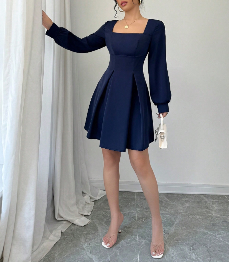 Woman's Navy Blue Square Neck Long-Sleeve Fit-and-Flare Mini Dress-Aegean-sea