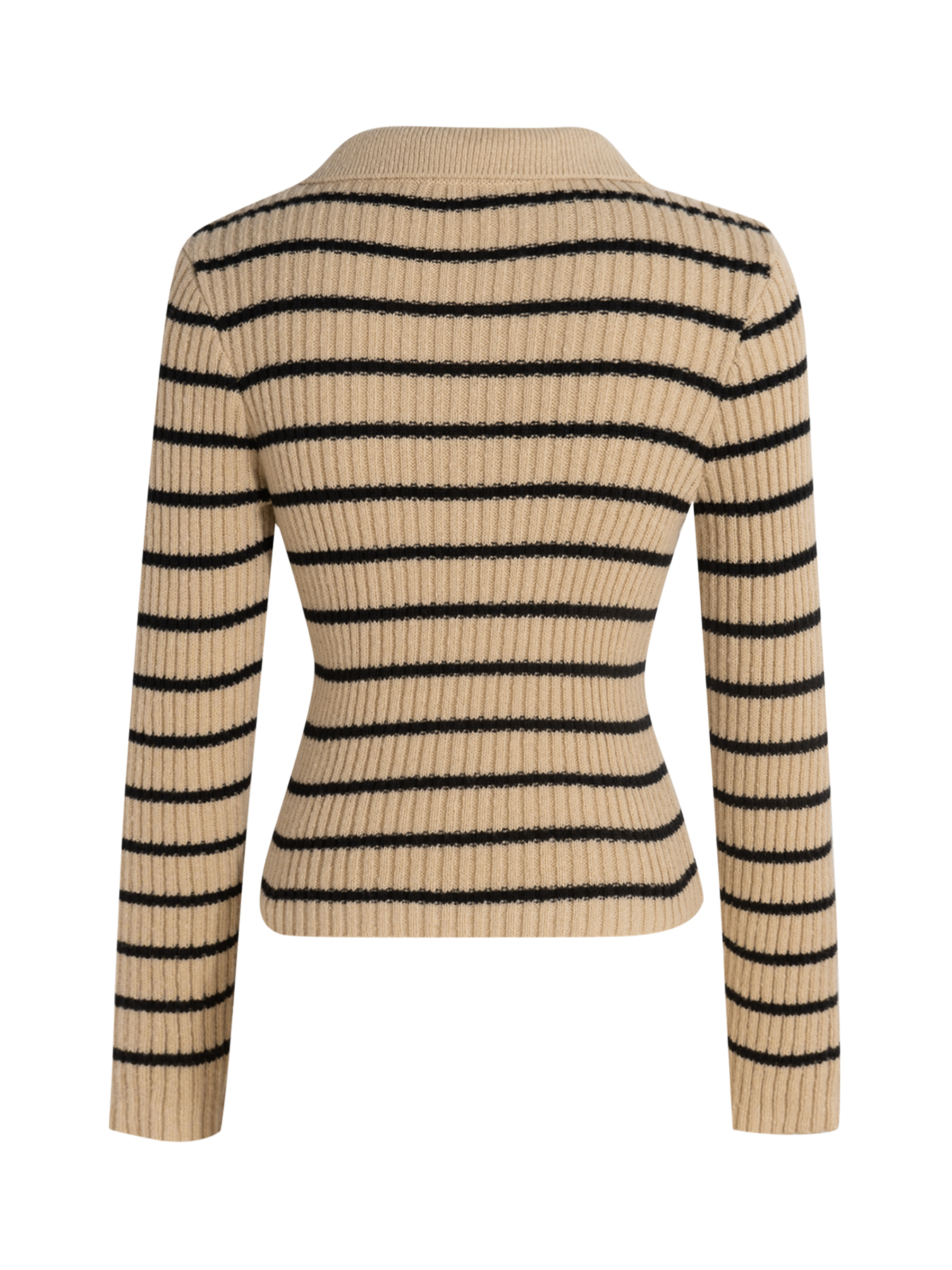 Polo de mujer a rayas beige y negro Camiseta de manga larga de punto ribeteado-Aegean-sea