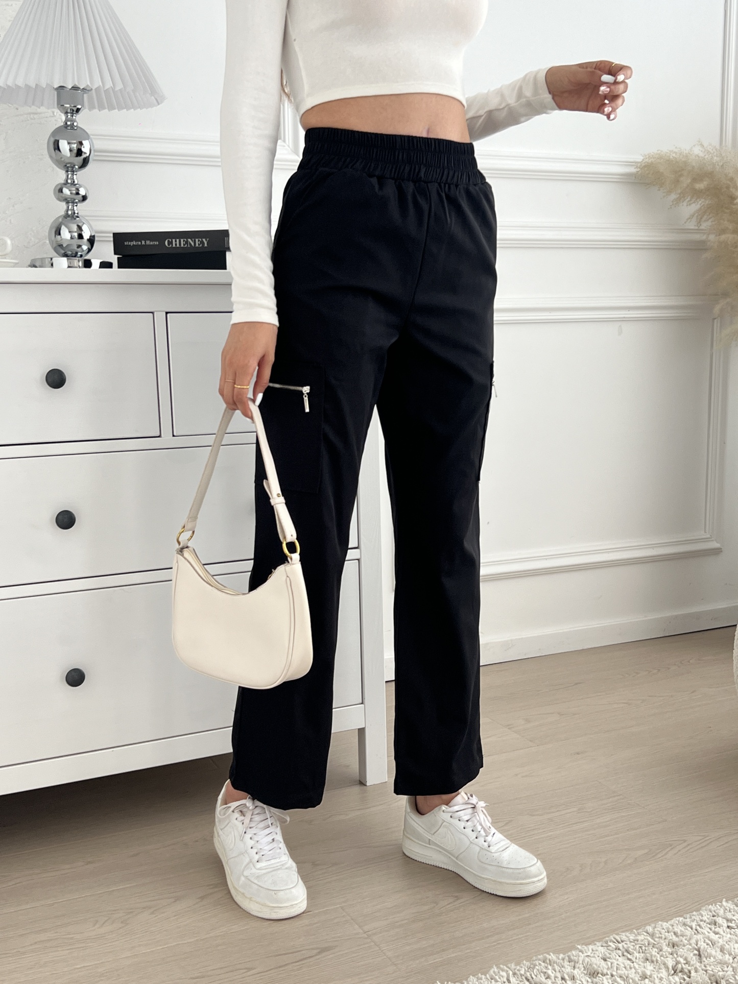 Woman's High Waist Elasticated Cargo Pants with Zipper Pockets-Aegean-sea