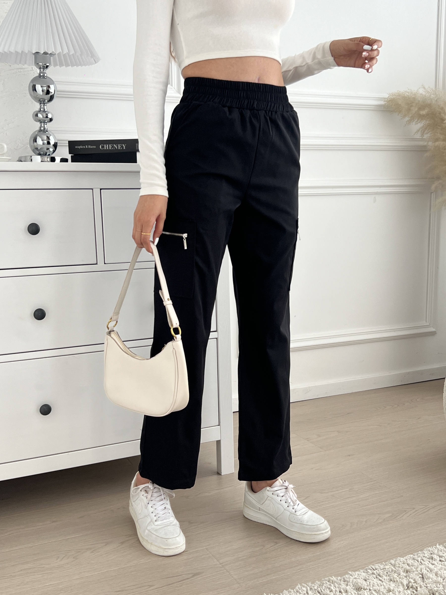 Woman's High Waist Elasticated Cargo Pants with Zipper Pockets-Aegean-sea