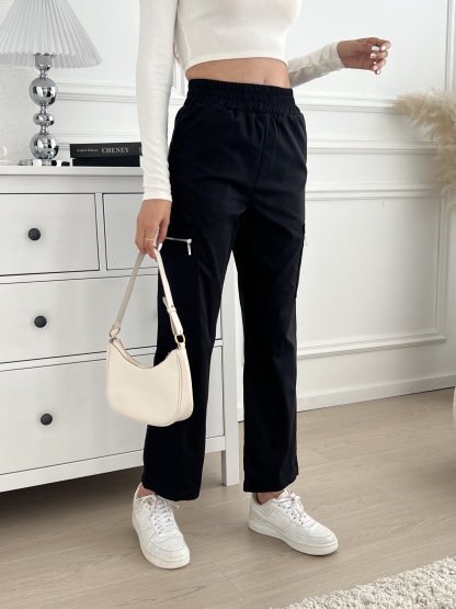 Woman's High Waist Elasticated Cargo Pants with Zipper Pockets-Aegean-sea