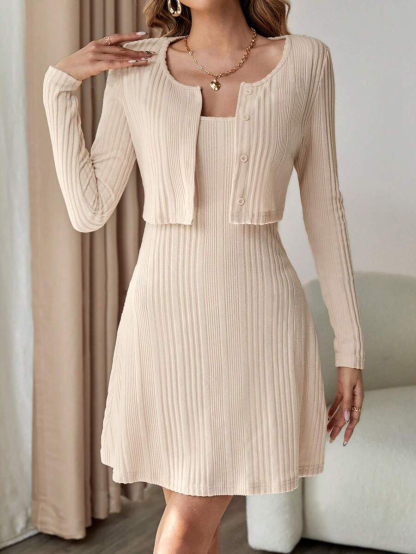 2026 Spring New Women's Ribbed Knit Two-Piece Set - Square Neck Cami Dress & Long Sleeve Cropped Cardigan