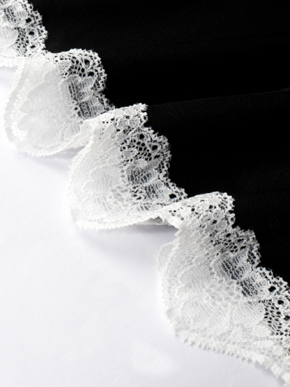 Woman's Black Lace Embellished Long-Sleeve Loose Wide-Leg Pants Comfortable Loungewear Two-Piece-Aegean-sea