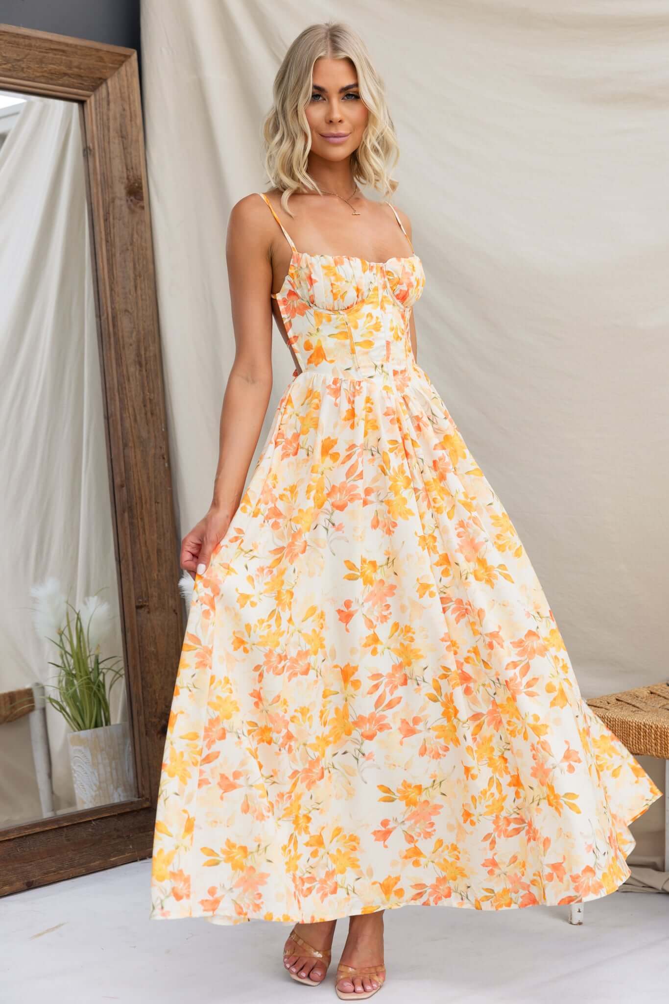 Women's Spaghetti Strap Floral Print Maxi Dress - Sweetheart Neck Corset Bodice A-Line Dress