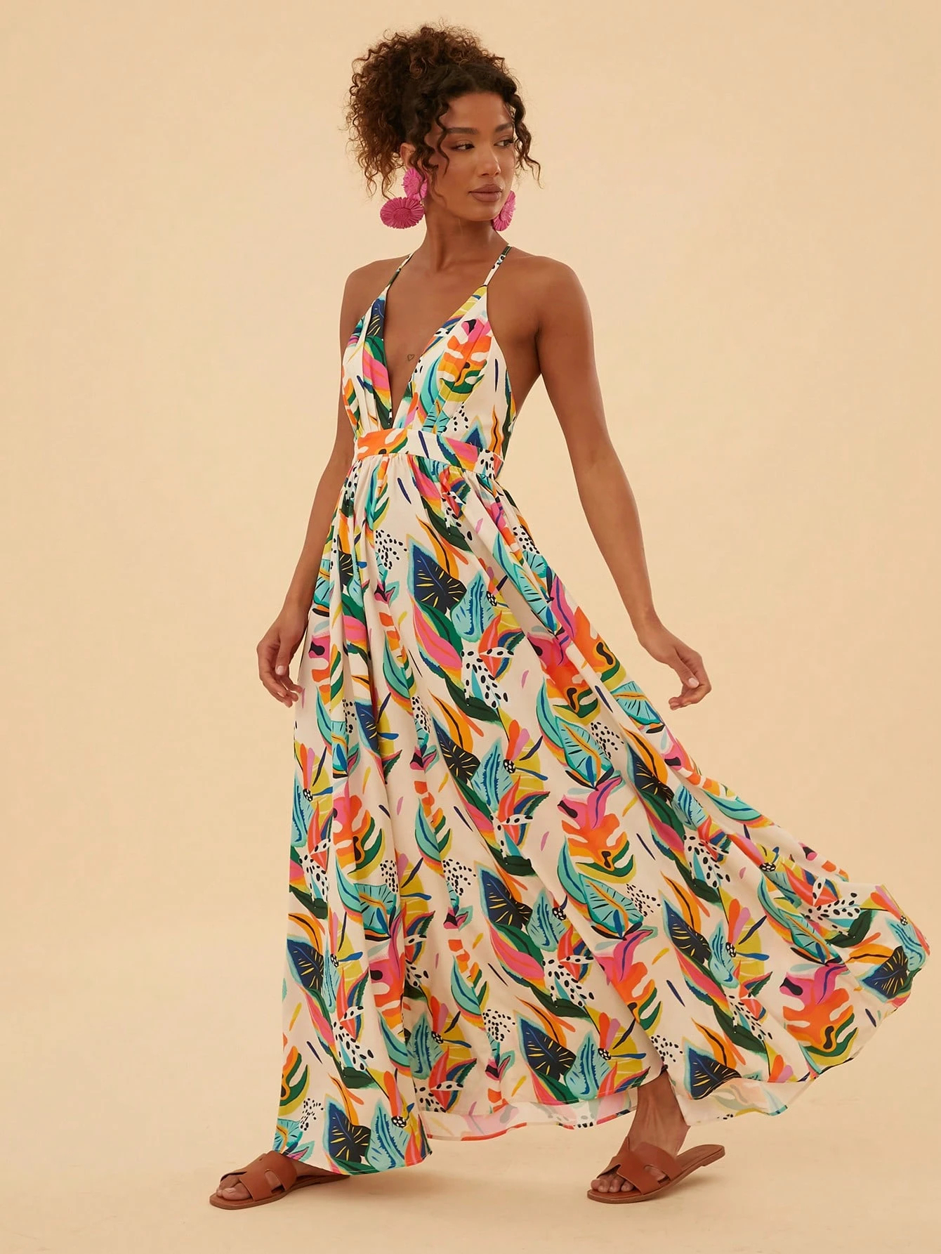 Tropical Plant Print Halter V-Neck Maxi Dress, Vacation Style Dress