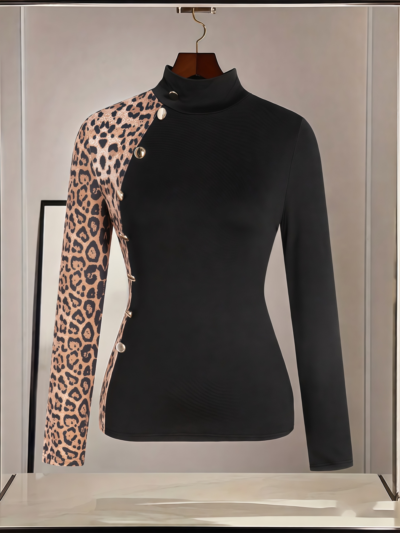 Women's Turtleneck Top with Leopard Print Panel and Button Detail
