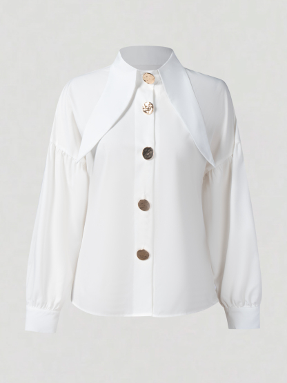 Women's White Blouse with Statement Buttons and Lantern Sleeves-Aegean-sea