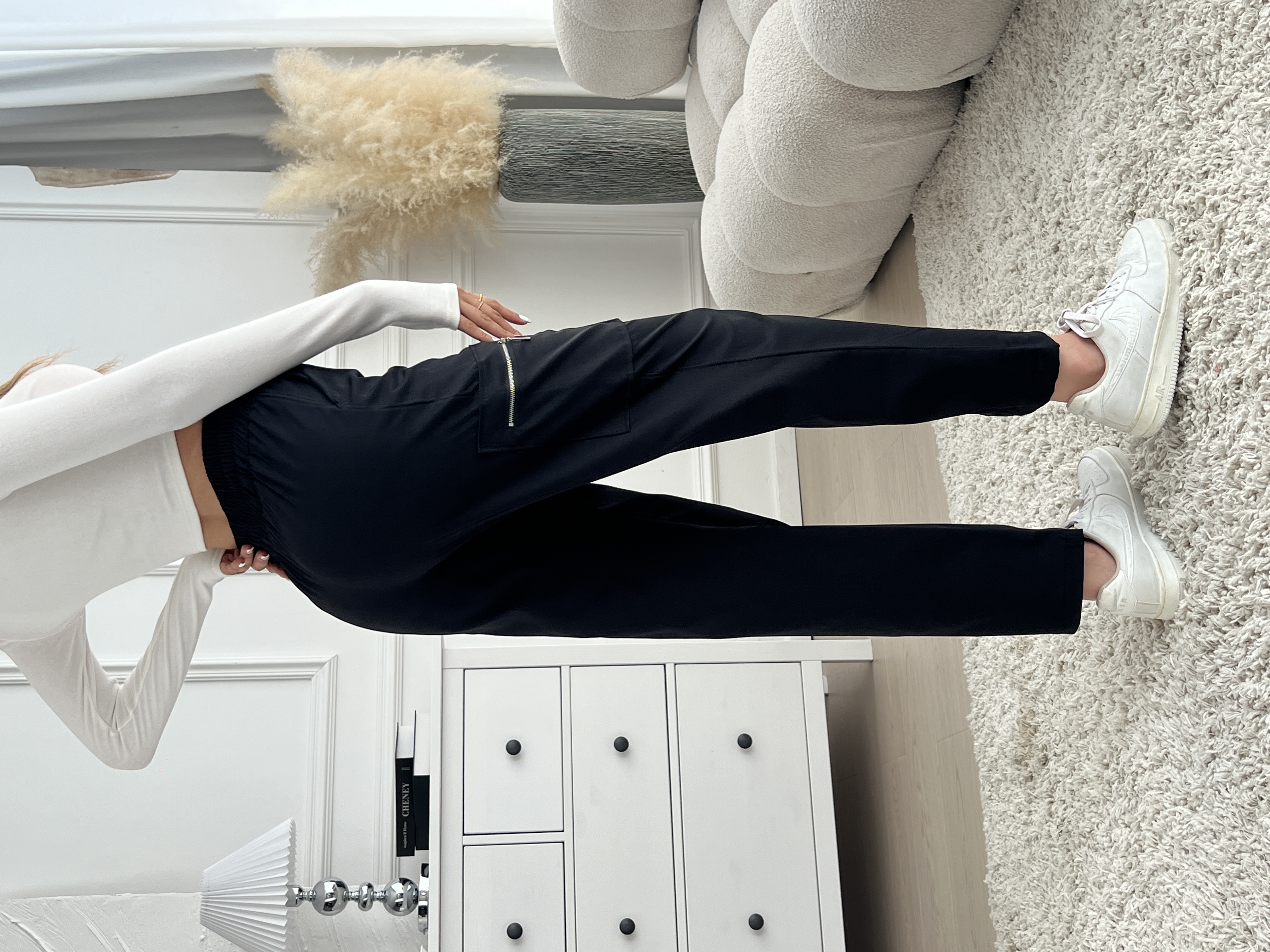 Woman's High Waist Elasticated Cargo Pants with Zipper Pockets-Aegean-sea