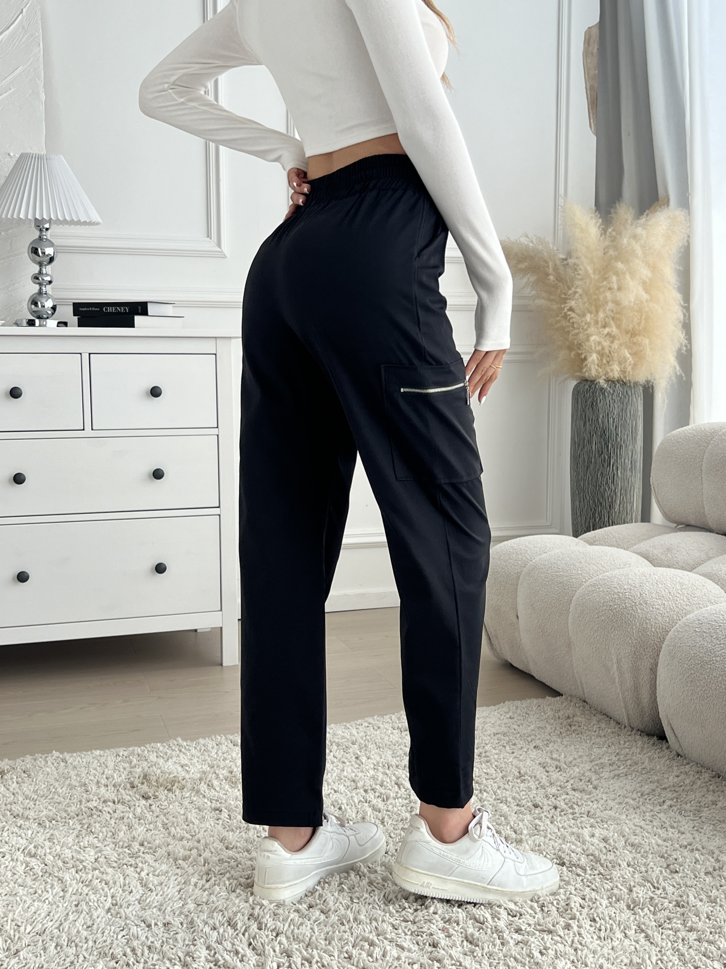 Woman's High Waist Elasticated Cargo Pants with Zipper Pockets-Aegean-sea