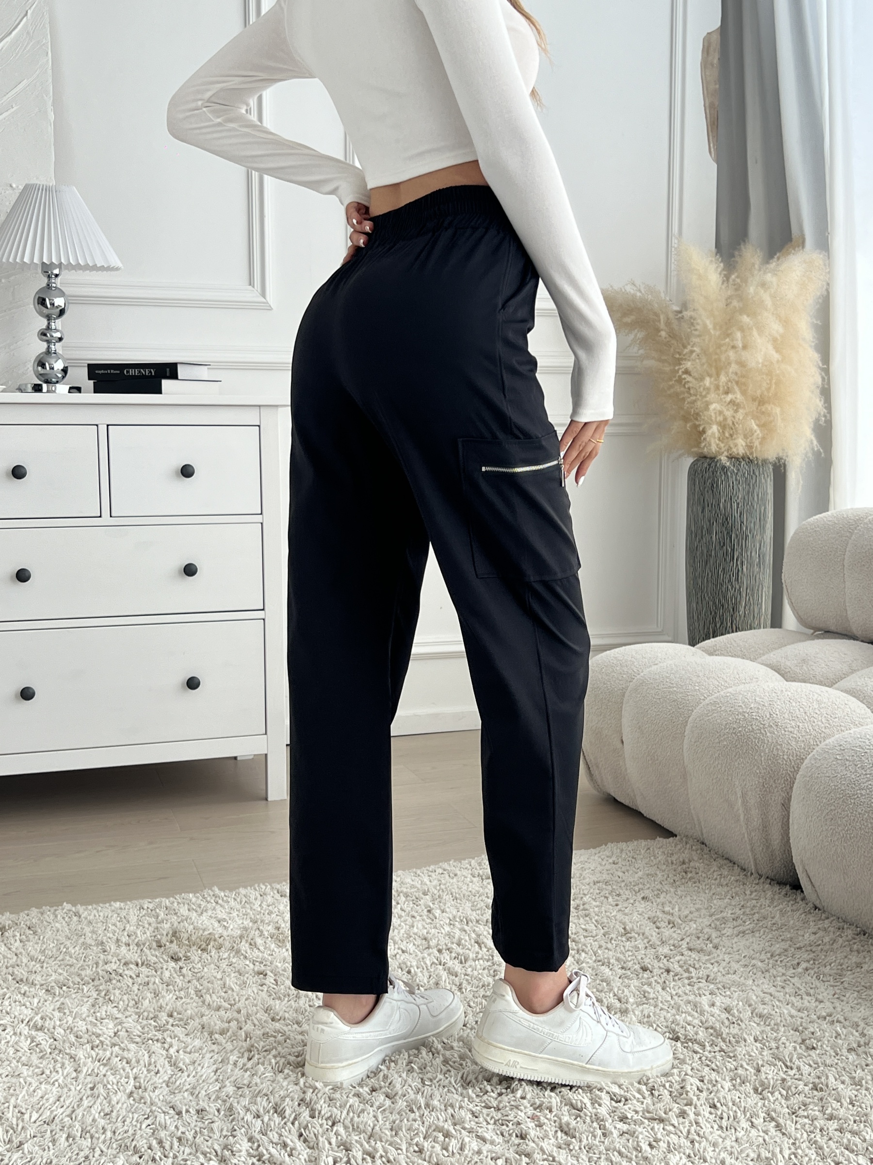 Woman's High Waist Elasticated Cargo Pants with Zipper Pockets-Aegean-sea