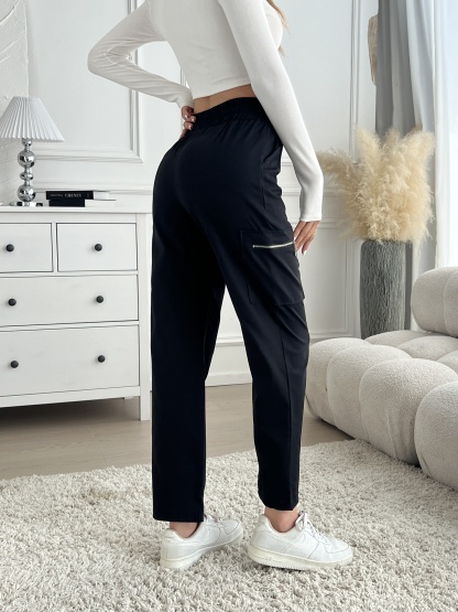 Woman's High Waist Elasticated Cargo Pants with Zipper Pockets-Aegean-sea