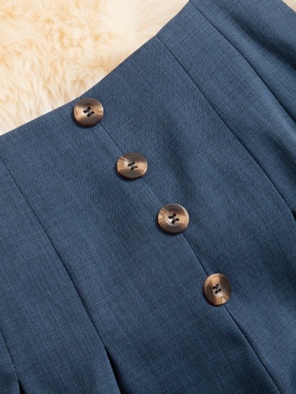 Navy-blue button-up wide-legged pants High-waisted loose-fitting long casual pants