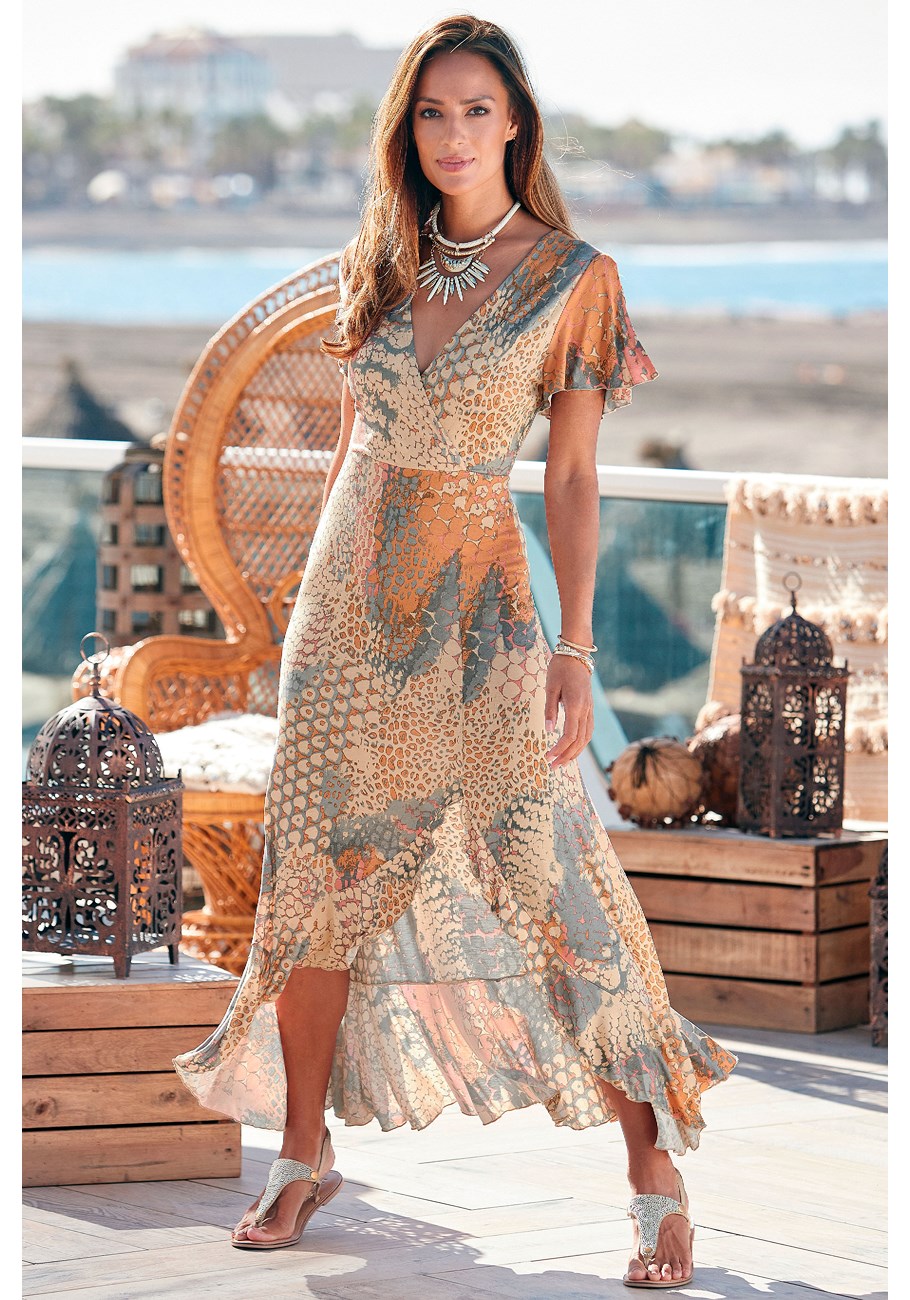 Retro snake-patterned V-neck wraparound skirt, holiday split long skirt