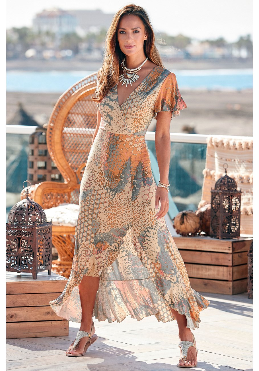 Retro snake-patterned V-neck wraparound skirt, holiday split long skirt