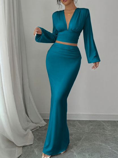 Woman's Deep V Crop Top & Mermaid Skirt Two-Piece Set