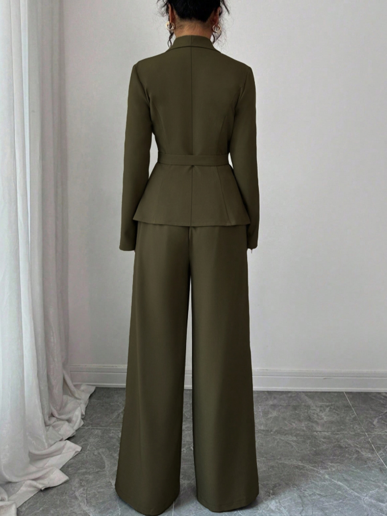 Office Elegant Wave Hem Waist-Cinched Blazer Set : Single Button Lapel Jacket & Wide-Leg Pants Two-Piece