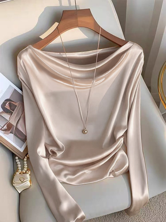 Y2K Beige Satin Cowl Neck Long Sleeve Top-Aegean-sea