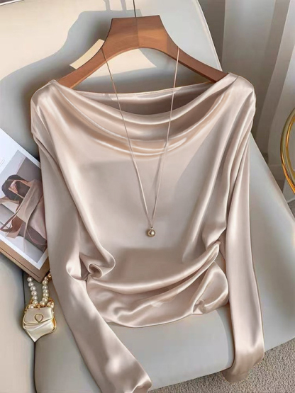 Y2K Beige Satin Cowl Neck Long Sleeve Top-Aegean-sea