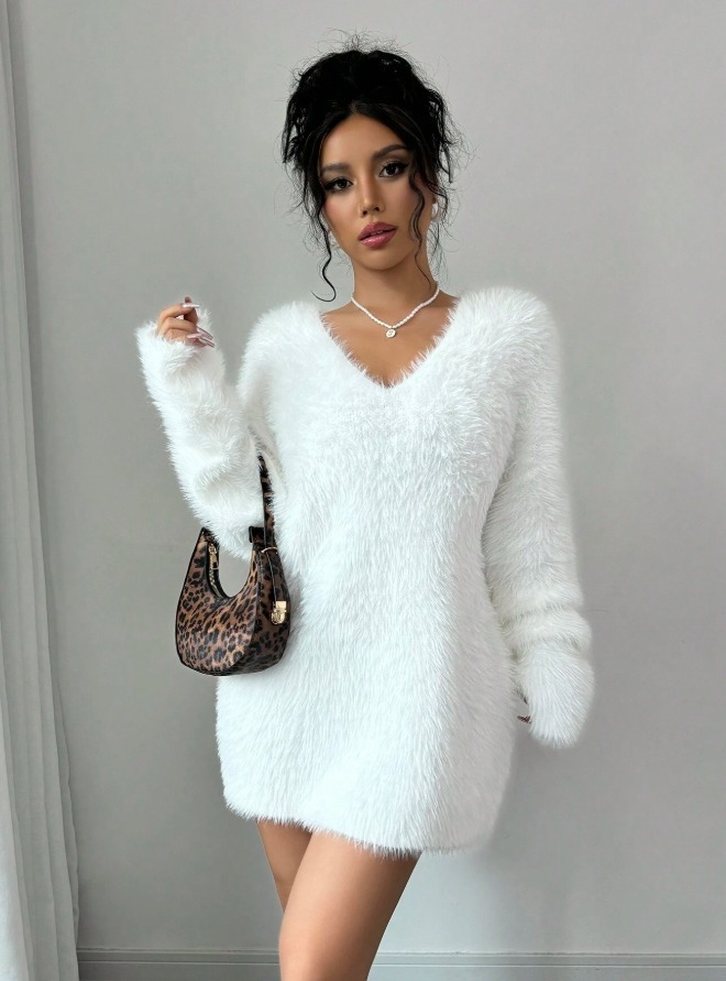 White Fleece Shoulder-Out Dress Long-Sleeve Short Skirt