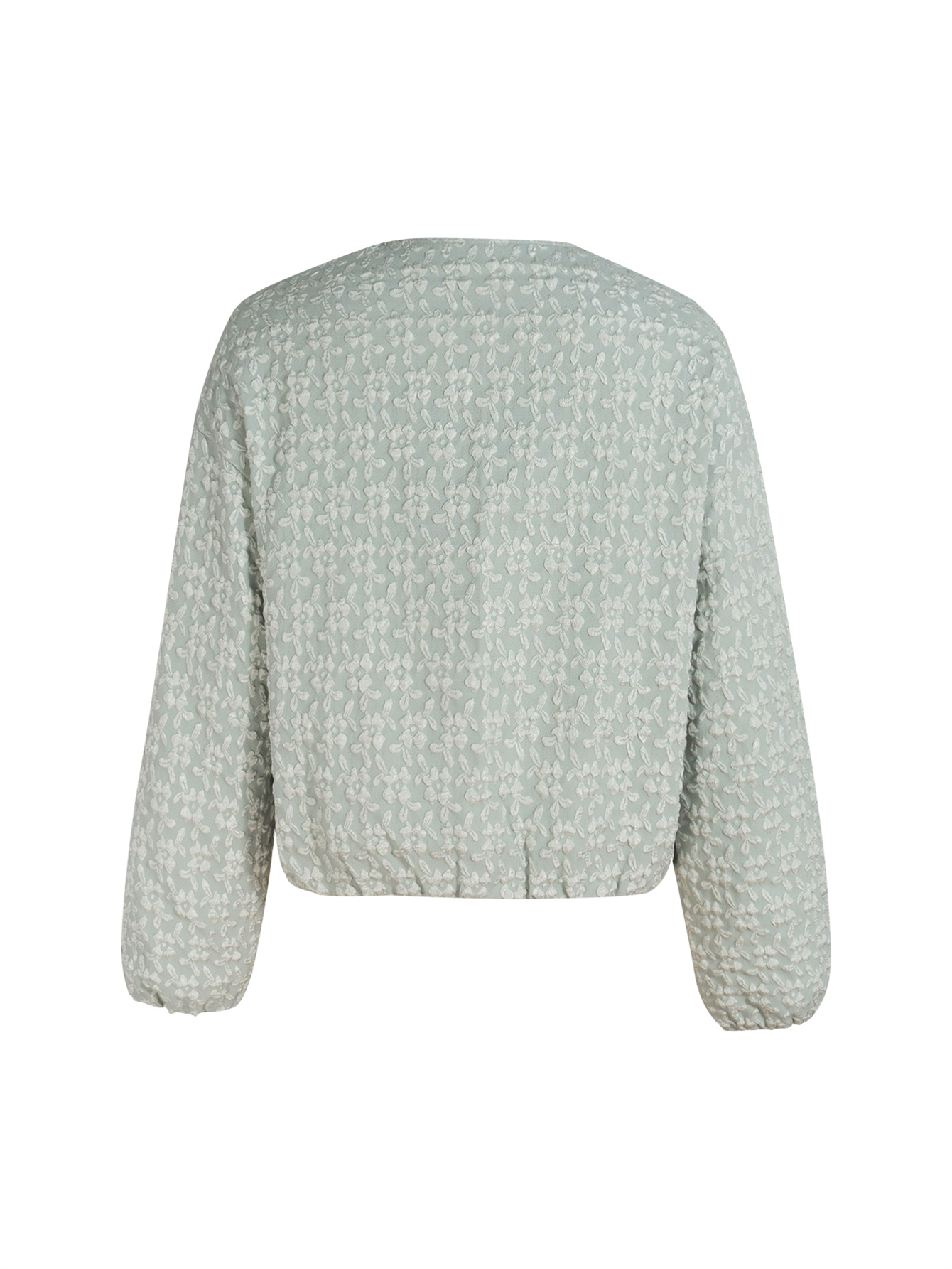 Light Green Textured Floral Puff Sleeve Zip-Up Jacket-Aegean-sea