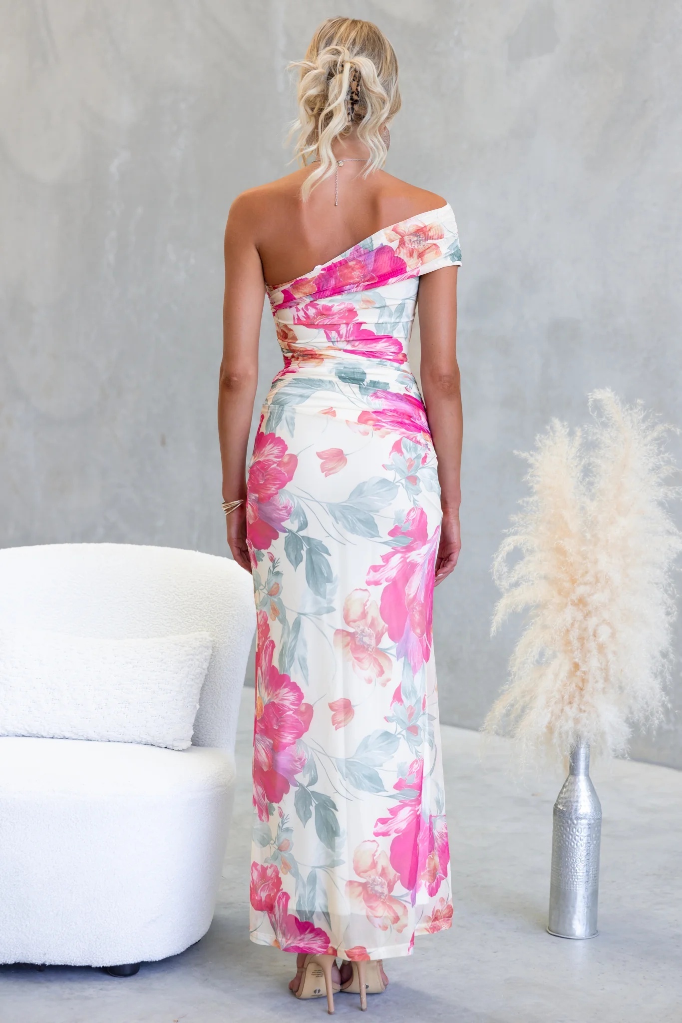 Women's One Shoulder Floral Print Maxi Dress - Ruched Side Sheer Mesh Bodycon Gown