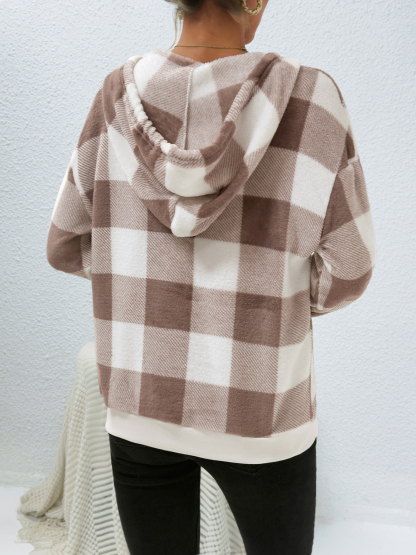 Woman's Soft Neutral Block-Patterned Oversized Hoodie with Kangaroo Pocket-Aegean-sea