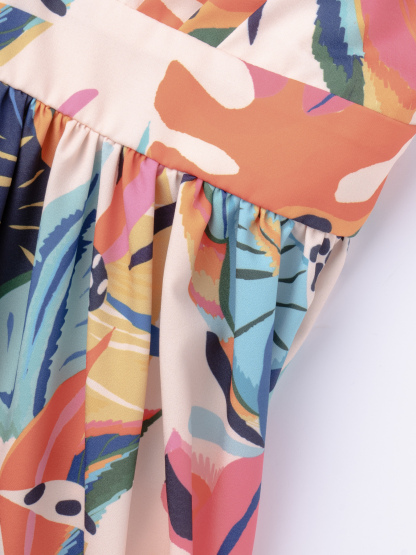 Tropical Plant Print Halter V-Neck Maxi Dress, Vacation Style Dress