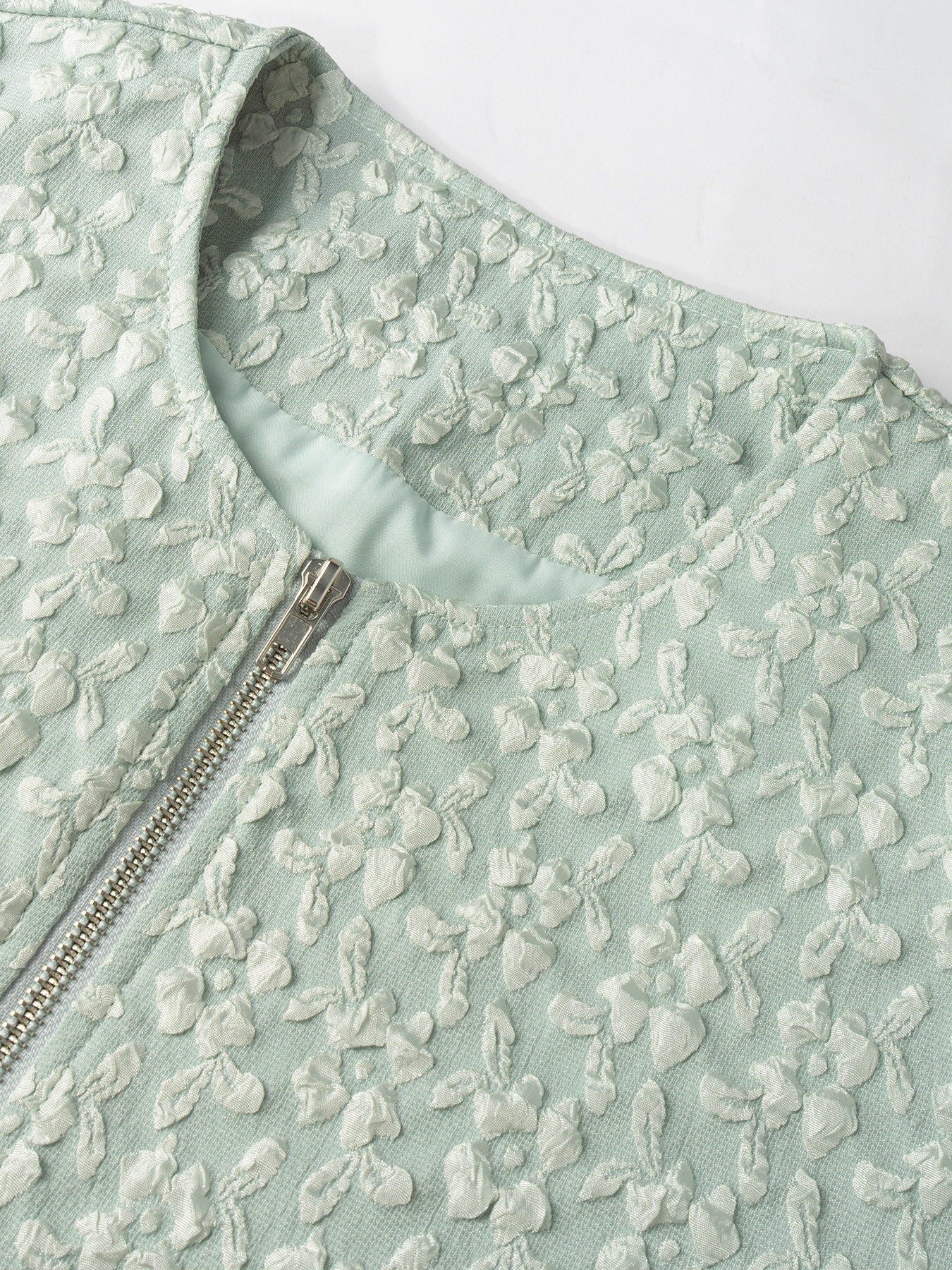 Light Green Textured Floral Puff Sleeve Zip-Up Jacket-Aegean-sea