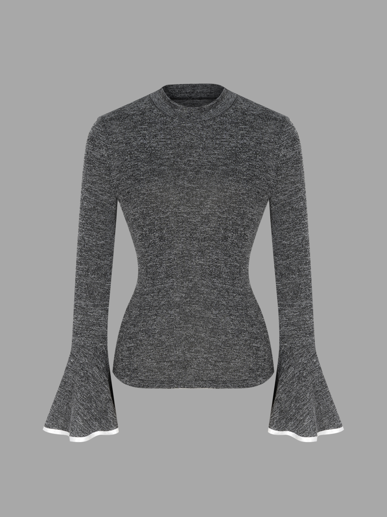 Fitted Gray Marled Knit Top - Bell Sleeves & White Trim Detail