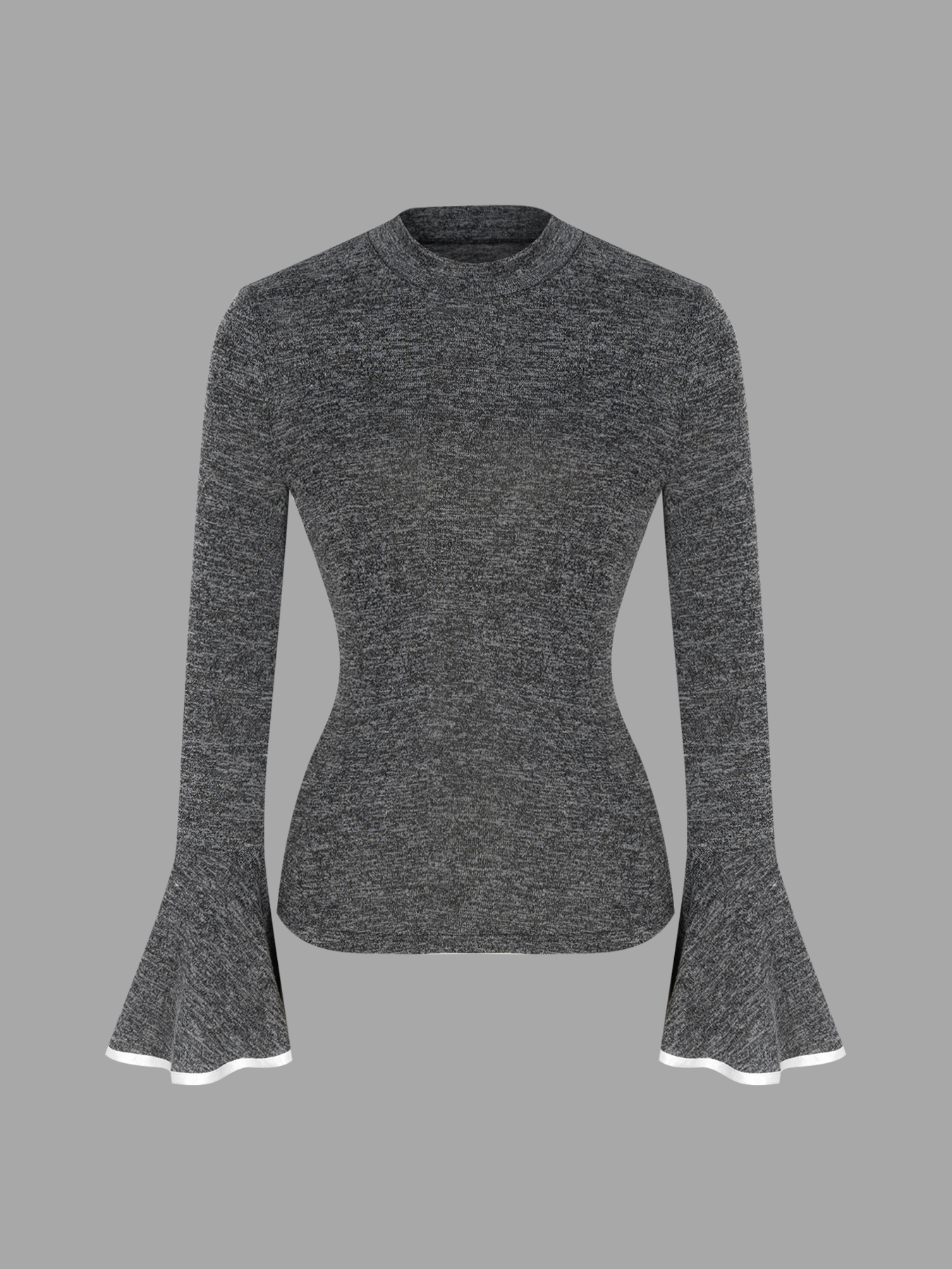 Fitted Gray Marled Knit Top - Bell Sleeves & White Trim Detail