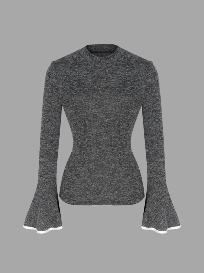 Fitted Gray Marled Knit Top - Bell Sleeves & White Trim Detail