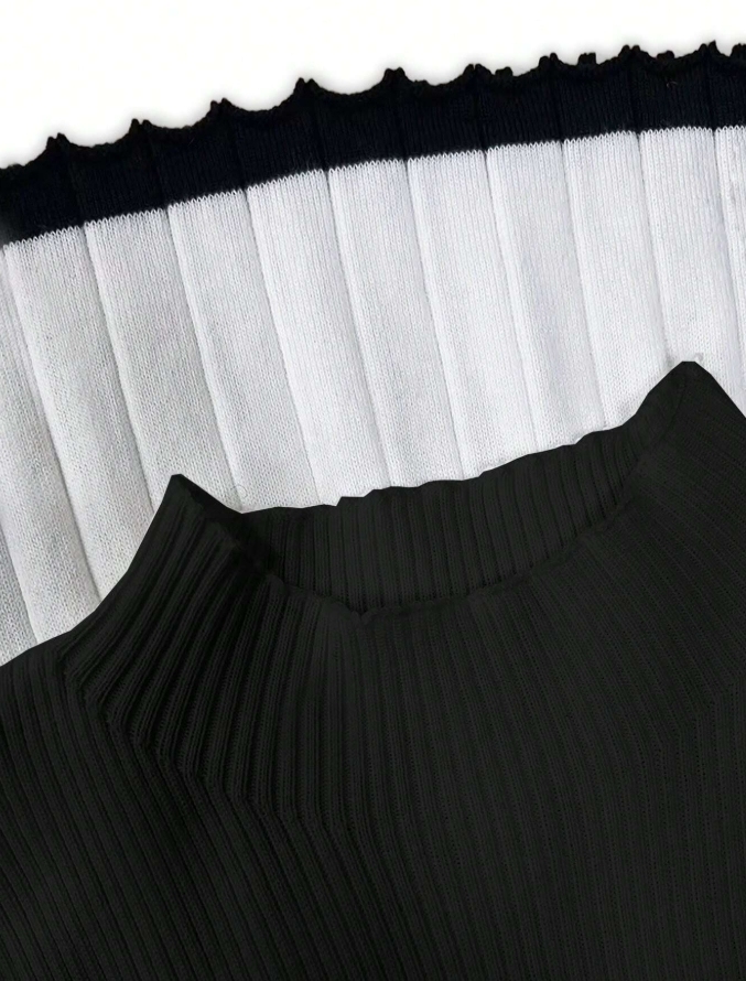 Vestido de jersey ondulado de manga larga de punto de cuello alto de rayas negras y blancas para mujer-Aegean-sea